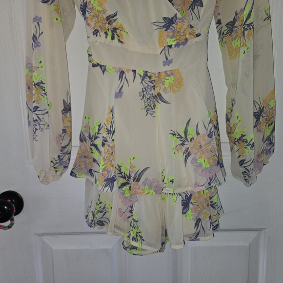 Altar'd State Ivory Floral Long Sleeve V Neck Ruffle Romper - Picture 3 of 12